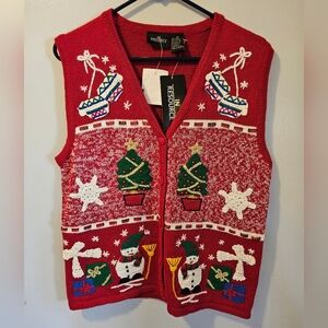 Vtg In Resource Ugly Christmas Vest Holiday Sweater Snowmen Trees Womens M  NWT